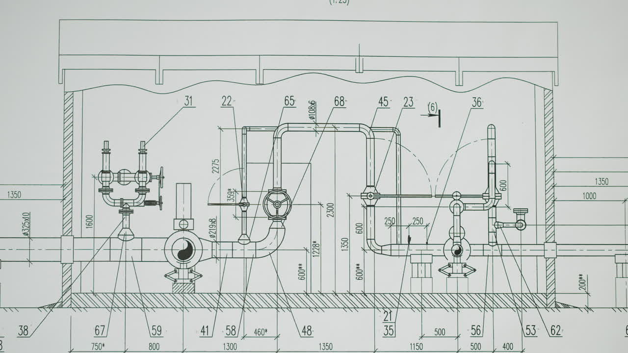 Hand pointing at an engineering blueprint