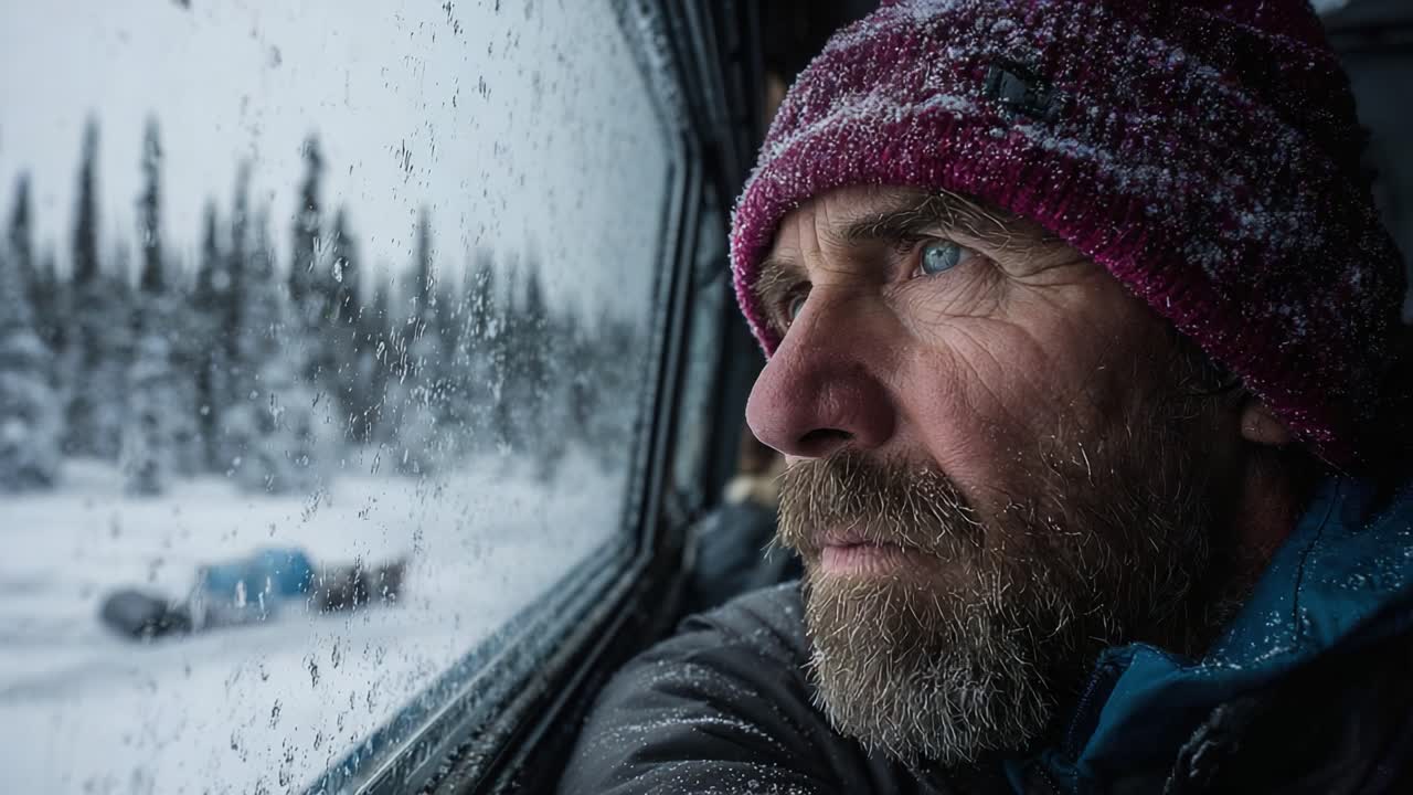 Un uomo contemplativo osserva fuori dalla finestra, circondato da un paese delle meraviglie invernale, riflettendo sulla vita tra una leggera nevicata e paesaggi sereni