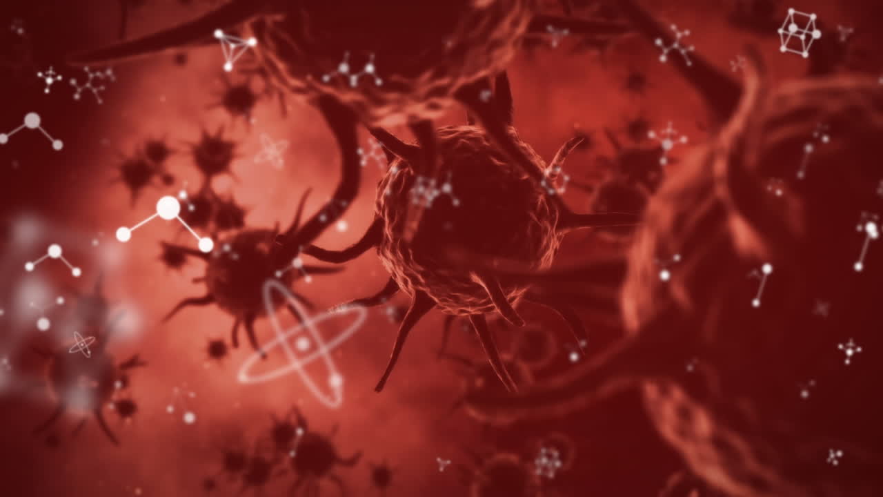 animación de moléculas y macros células rojas de covid 19