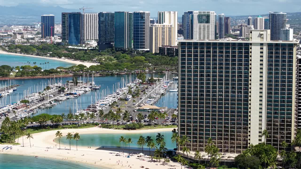 Honolulu, Hawaii USA, Drone Shot of Ala Wai Boat Harbor, Lagoon and Waterfront Towers