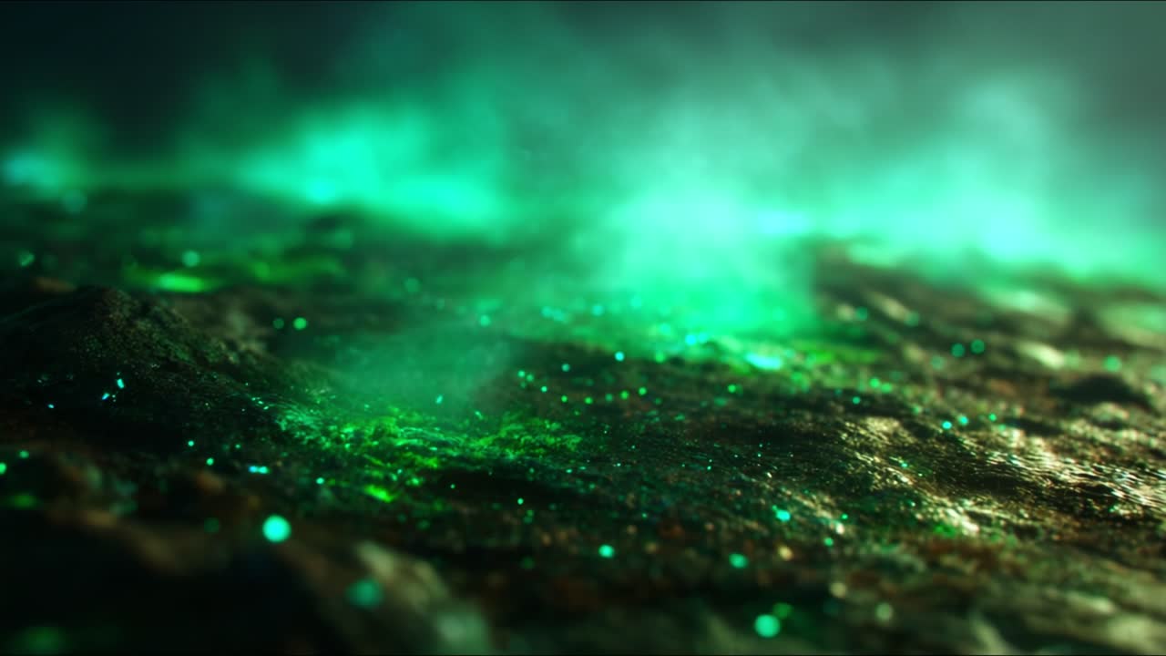 A Stunning Visual Journey Through Luminous Green Particles and Ethereal Mist Over a Mystical Landscape, Capturing the Beauty of Nature's Enchantment in Vivid Detail