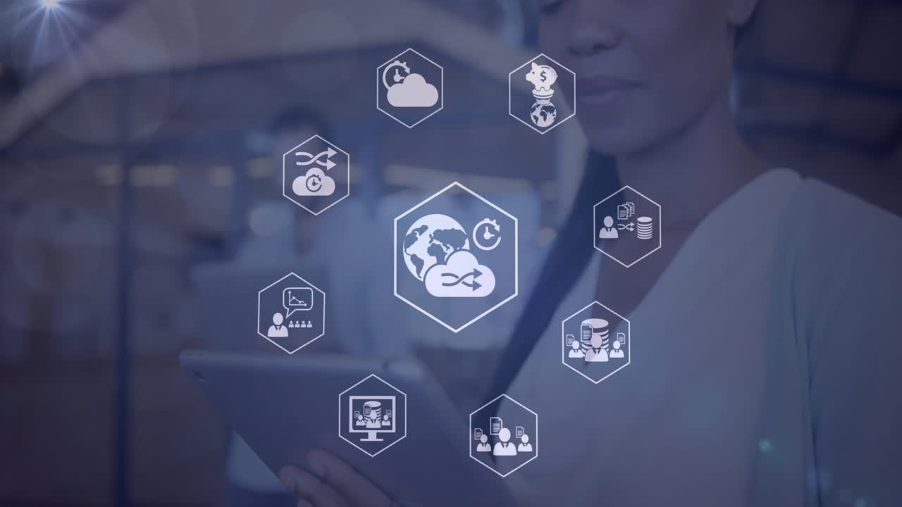 animación de conexiones con iconos y procesamiento de datos sobre personas de negocios