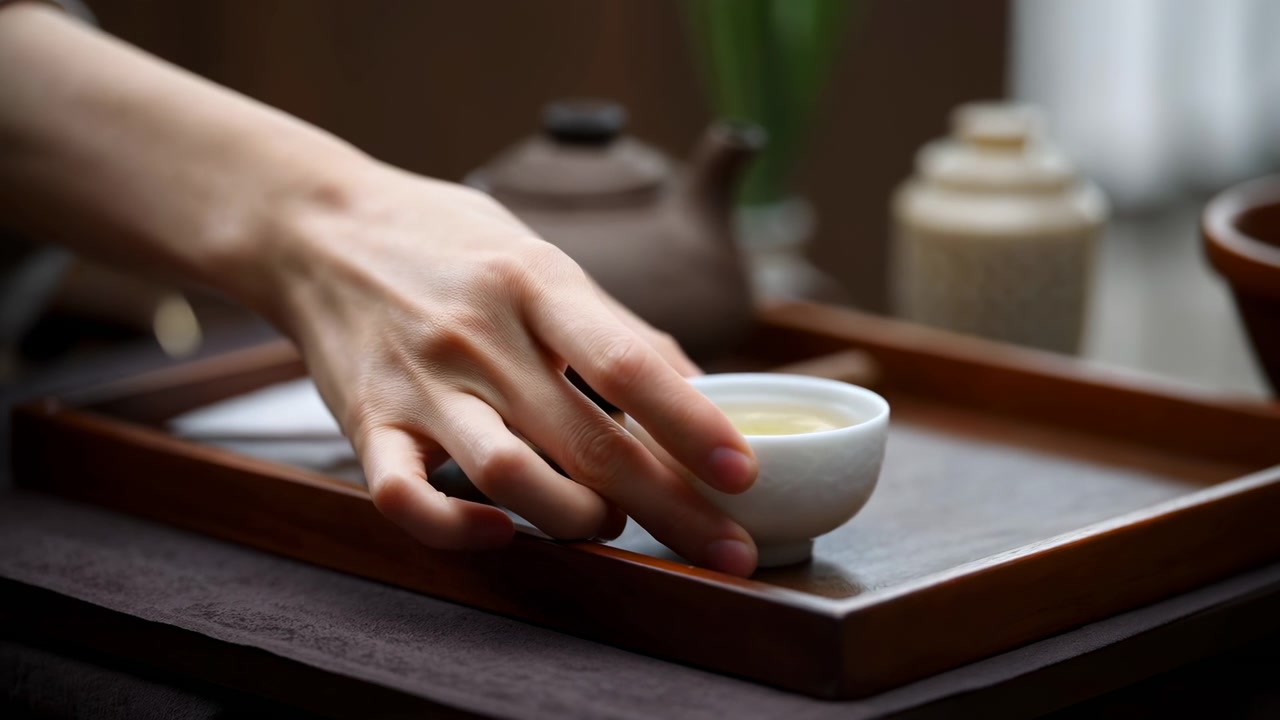 Primo piano di una mano che appoggia delicatamente una tazza di ceramica bianca su un vassoio di legno, con oggetti di un servizio da tè leggermente sfocati sullo sfondo e una calda luce naturale che crea