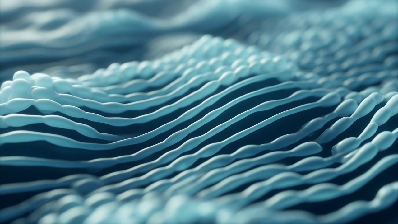 Abstrakte 3D-Animation mit wellenförmigen blauen Linien und Kugeln