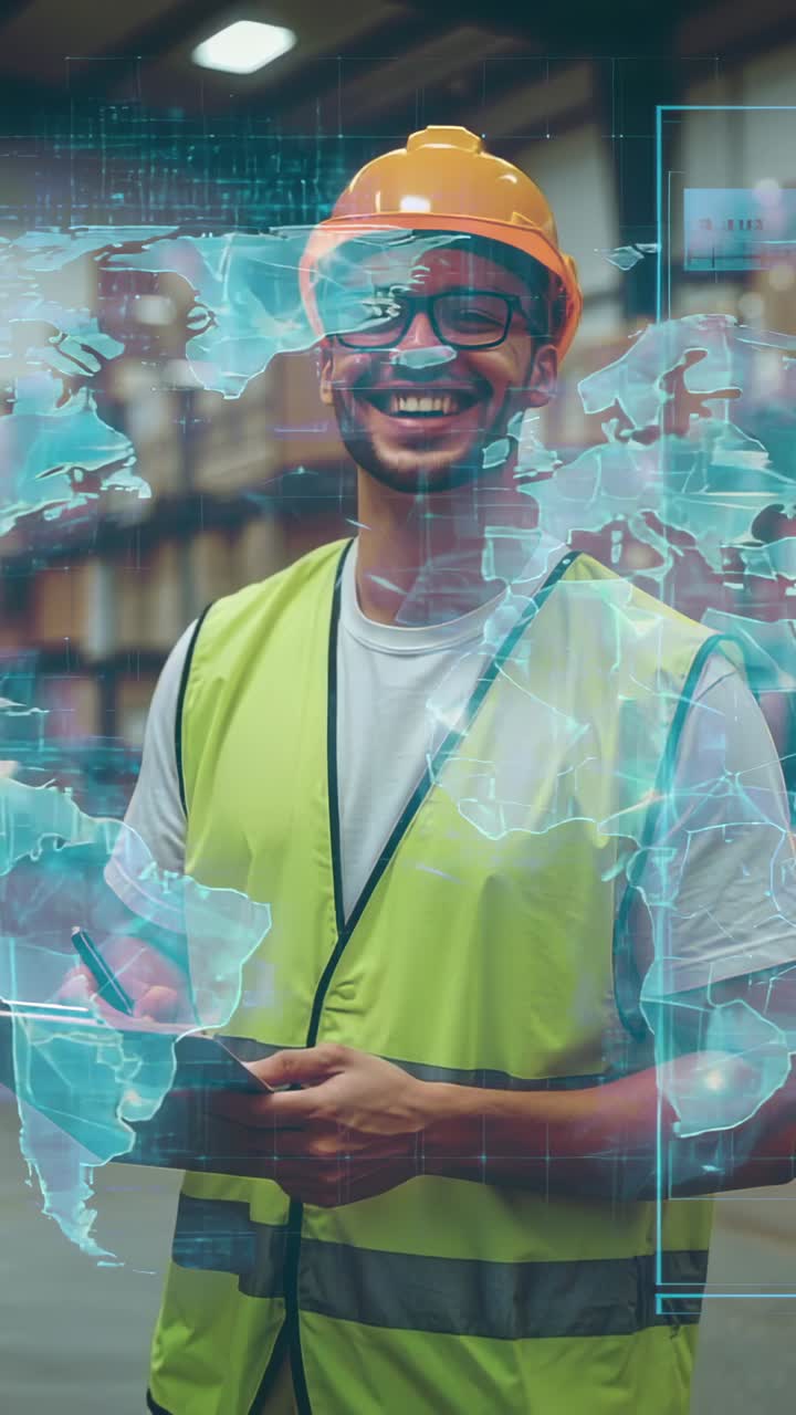 Vertical video: Worker wearing vest checking stock as holographic map shifting in warehouse