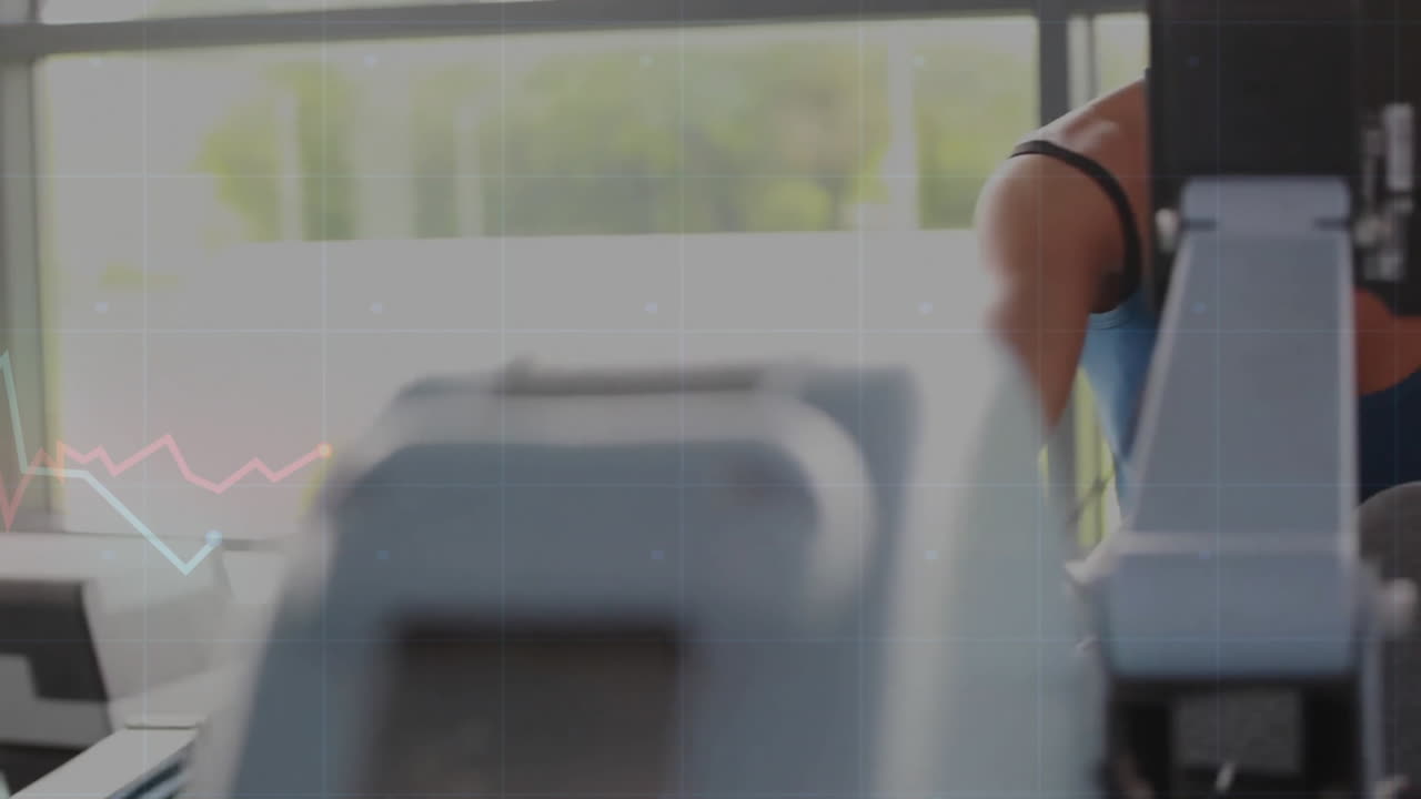Female runner sprinting on gym treadmill by window, with animated fitness data graphs overlaying