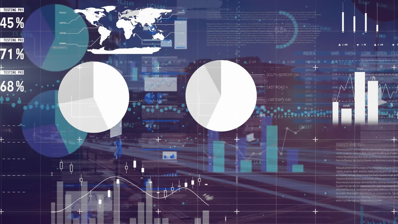 Animation of financial graphs and data processing on digital screen over night road traffic