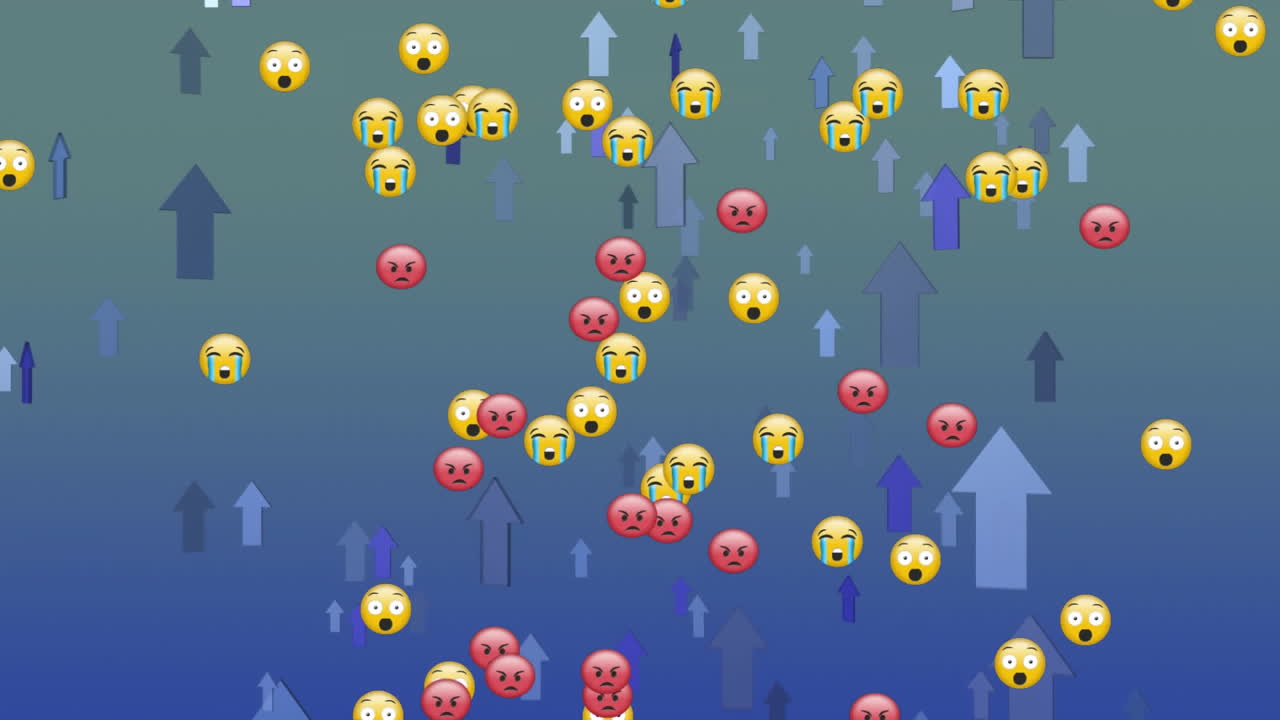 이모티콘과 화살표가 파란색 배경에 움직입니다.