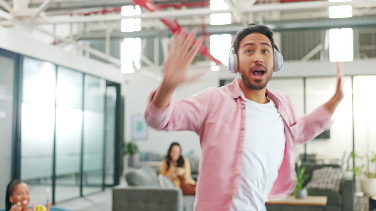 Dance, happy and man with headphones at work
