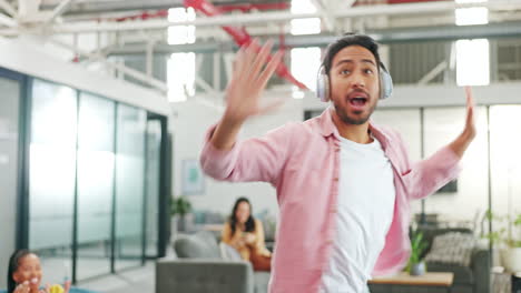 Dance,-happy-and-man-with-headphones-at-work