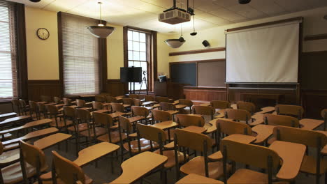 Deserted-classroom-full-of-empty-vintage-writing-chairs