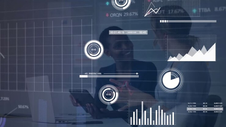 Animation of diagrams and data processing over diverse businesswomen talking