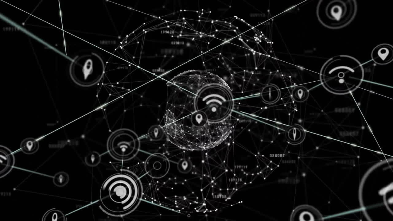 animación de las conexiones con procesamiento de datos y globo sobre fondo negro