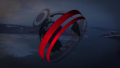 animation of globe with red scopes scanning over seascape