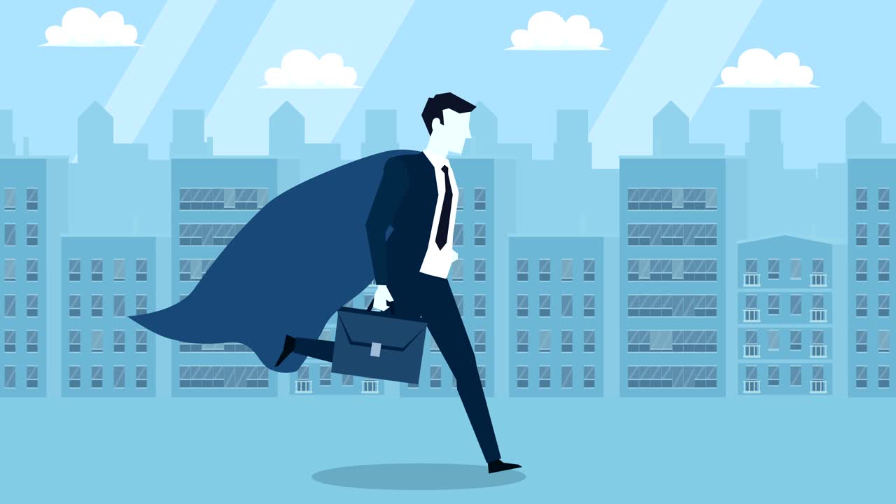 Animazione di personaggio in stile cartone animato piatto: Supereroe uomo d'affari in stile blu con valigetta in ciclo di corsa.