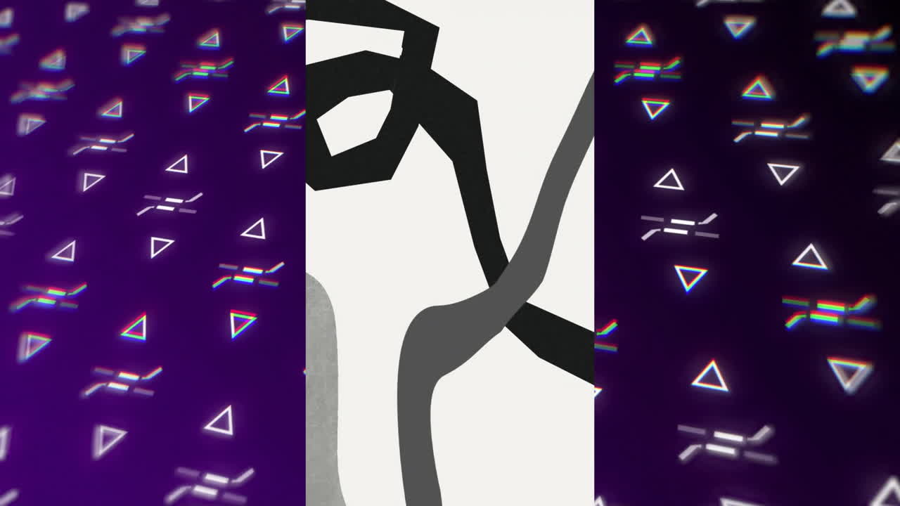 Animation of black and gray shapes over white lines on blue background