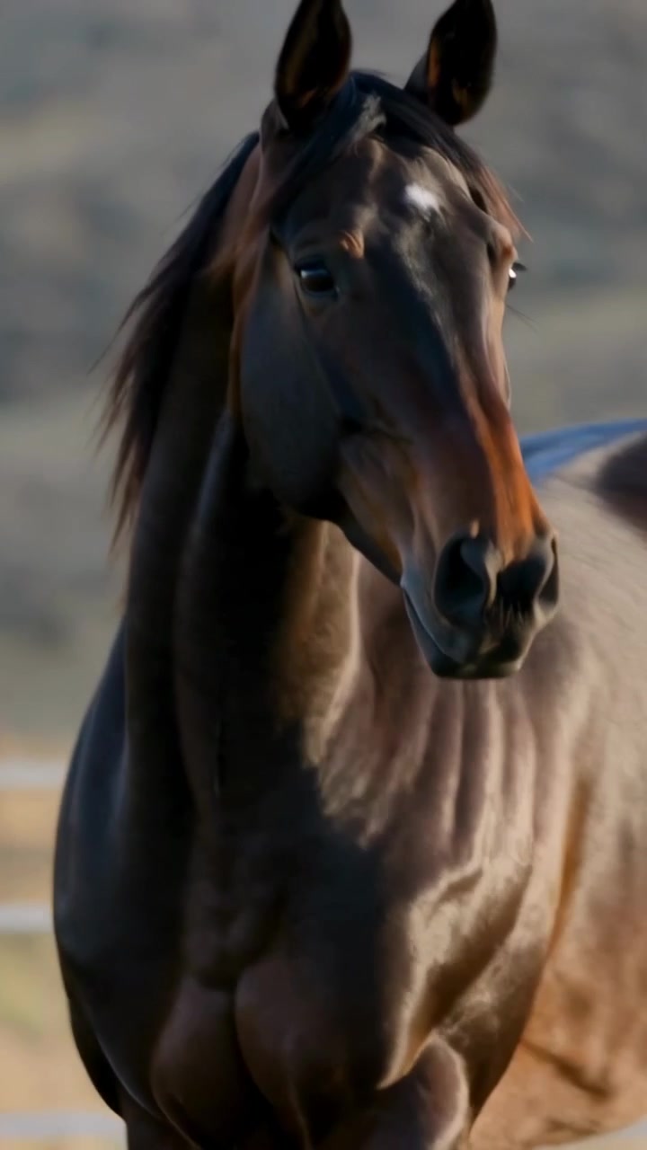 Video vertical: Caballo oscuro girando la cabeza hacia la cámara en un rancho, la cámara siguiendo una valla de rieles.