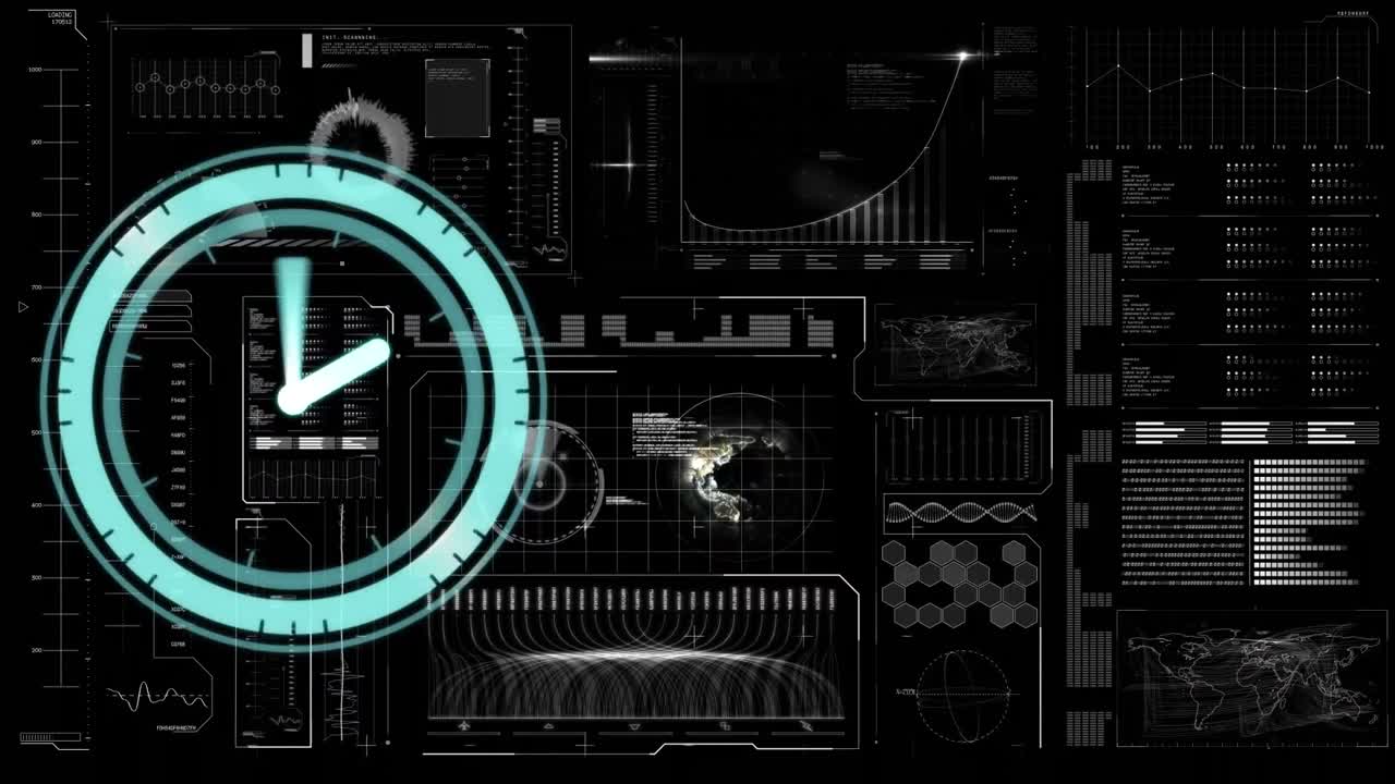 Animation of clock moving over screen with diverse data