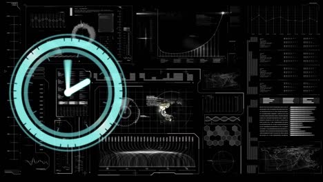 Animation of clock moving over screen with diverse data