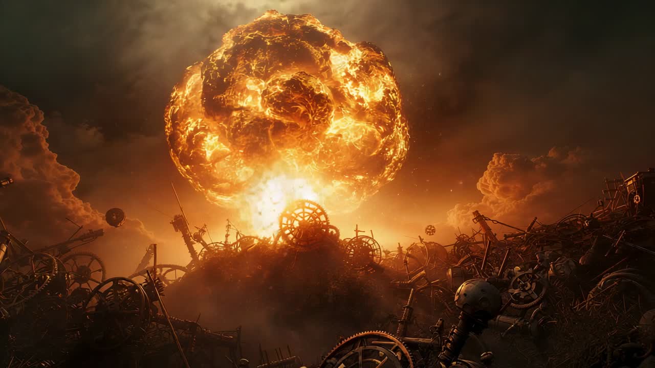 Erupting bright fireball initiating mushroom cloud rising above wasteland, with shattered machinery