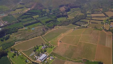 Tiro-De-Dron-De-Gran-Angular-Que-Se-Inclina-Hacia-Tierras-De-Cultivo-En-El-Valle-De-Banhoek