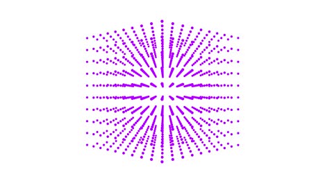 cubo 3d de partículas magenta que giran sobre un fondo blanco