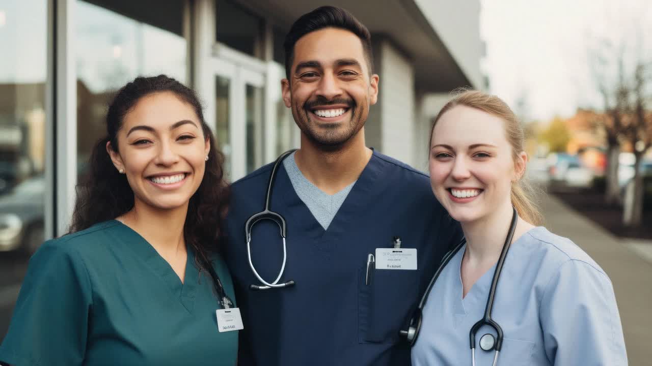 A video still of three smiling healthcare professionals in scrubs, captured from a front-facing