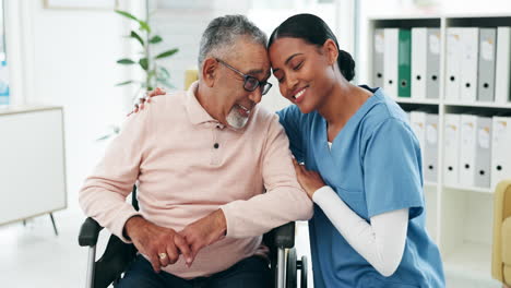 elderly man, caregiver and hug in wheelchair