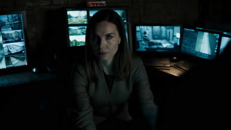 woman monitoring surveillance screens in a dark room