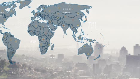 Animation-of-world-map-and-financial-data-processing-over-cityscape