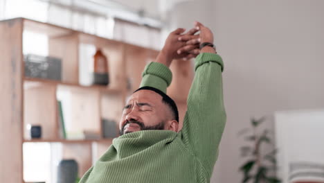 business man, stretching and stress on laptop