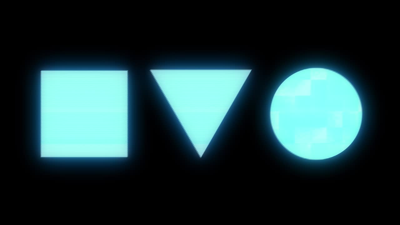 원, 삼각형, 사각형은 왜곡된 글리치 스타일입니다.