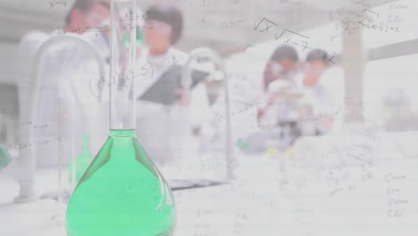 ecuaciones matemáticas flotantes contra un grupo de trabajadores de la salud que trabajan en el laboratorio