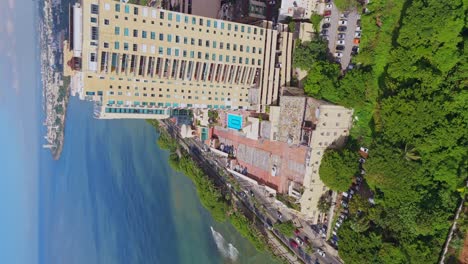 city skyline establisher, santo domingo, vertical drone with high buildings