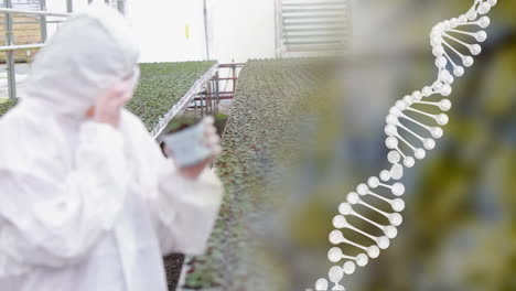 animación de la cadena de adn girando sobre el científico en el laboratorio