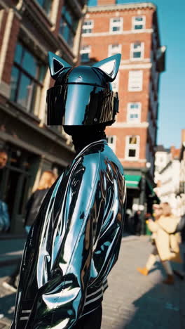 person in futuristic cat-ear helmet and reflective jacket on city street