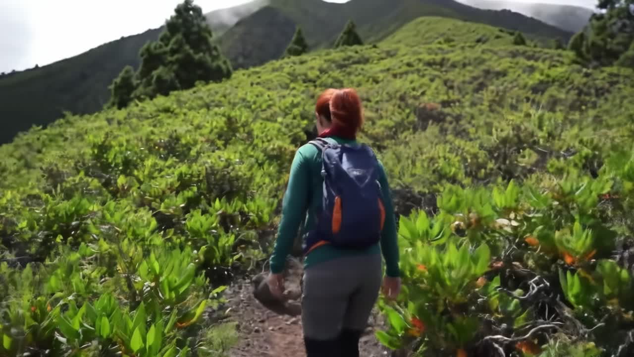 A hiker explores a vibrant trail surrounded by greenery in the mountains under clear blue skies. The lush landscape provides a perfect backdrop for outdoor adventure and tranquility.