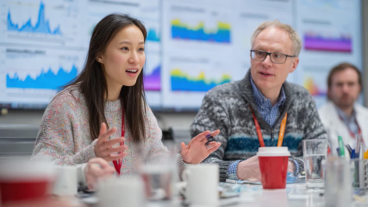 Engaging Discussion Between Colleagues Over Data Analysis During a Meeting in a Modern Conference Room with Charts on Display