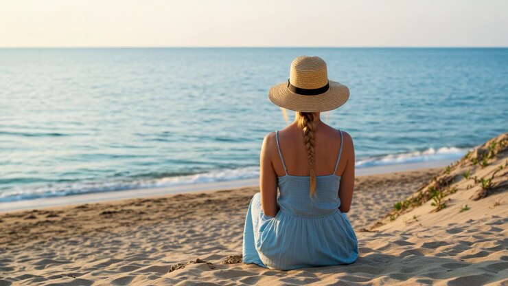 A woman sits on soft sand at the beach, facing the tranquil sea. She wears a light blue dress and a stylish straw hat. The golden hues of the sunset reflect over the calm water, creating a serene atmosphere. Gentle waves lapping at the shore add to the peaceful soundscape. This moment captures the e