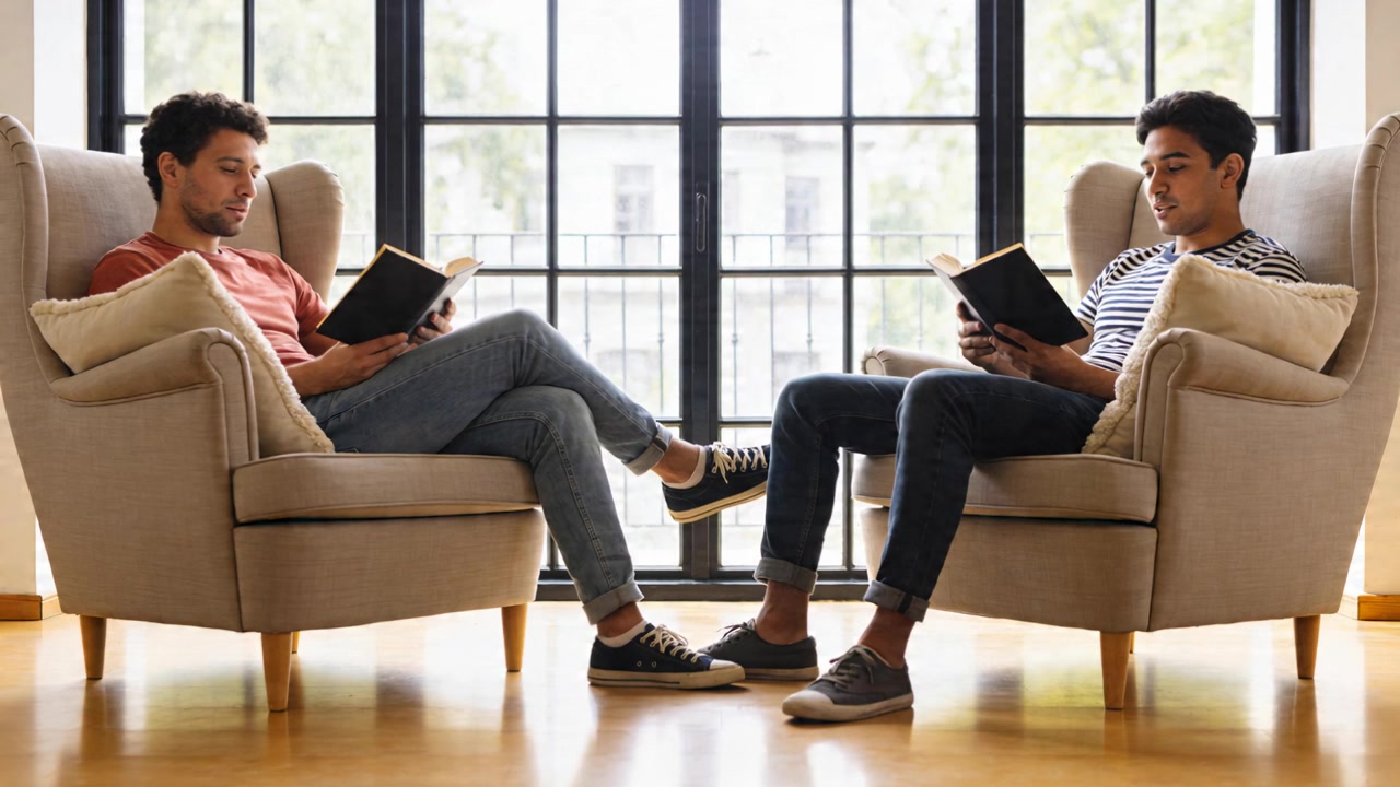 Reading two men in casual shirts shifting in armchairs at window, holding paperbacks for relaxation