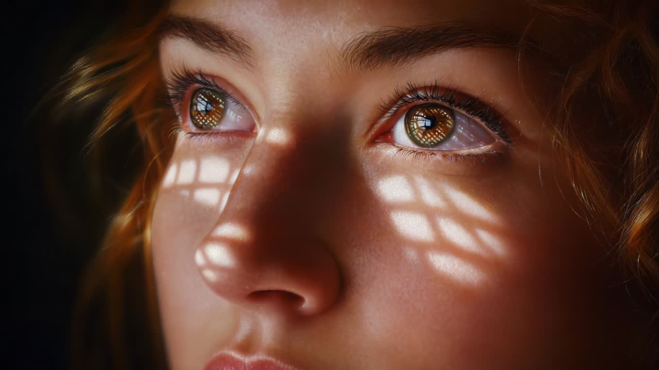 A Mesmerizing Close-Up of an Illuminating Gaze Captured in a Moment of Reflection, Showcasing the Play of Light and Shadows Dancing Across the Eyes and Skin, Evoking a Sense of Depth and Emotion