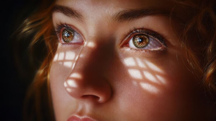 Een betoverende close-up van een verhelderende blik, gevangen in een moment van reflectie, die het spel van licht en schaduwen laat zien dat over de ogen en huid danst, en een gevoel van diepte en emotie oproept