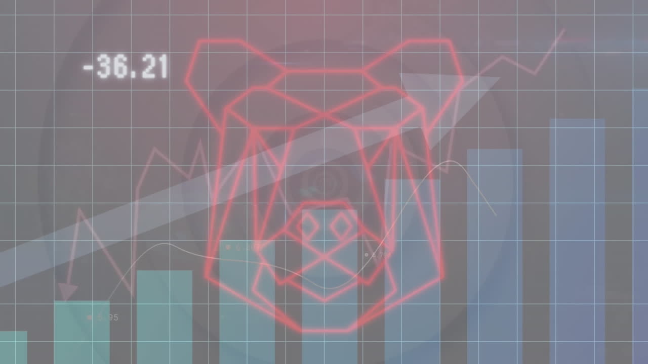 animación del procesamiento de datos estadísticos contra el icono abstracto de la cara del oso y los círculos concéntricos
