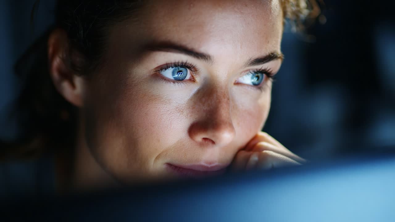 Primo piano affascinante di una giovane donna con occhi enigmatici, persa nei suoi pensieri e intenta a riflettere su emozioni profonde in un ambiente scarsamente illuminato