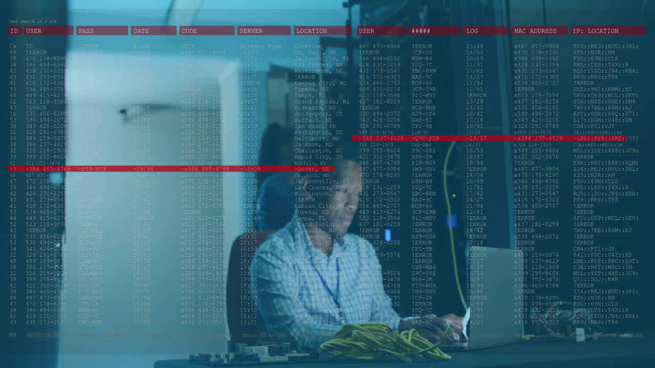 In office, man working on laptop with animation of digital data and code