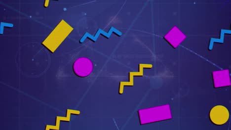 animación de formas coloridas sobre luces y red de conexiones sobre fondo azul