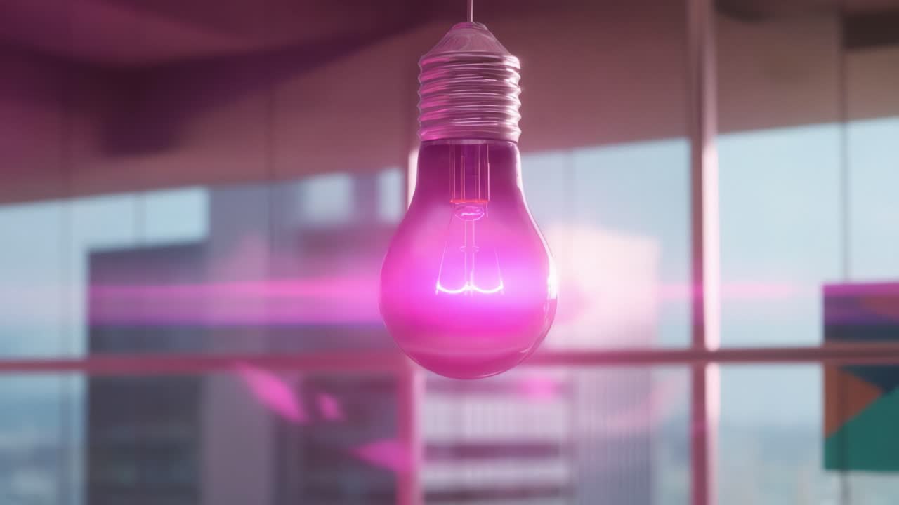 Pink light bulb hanging in an office with modern buildings in the background, symbolizing a creative idea, innovation, and bright thoughts in a corporate business environment with a lens flare