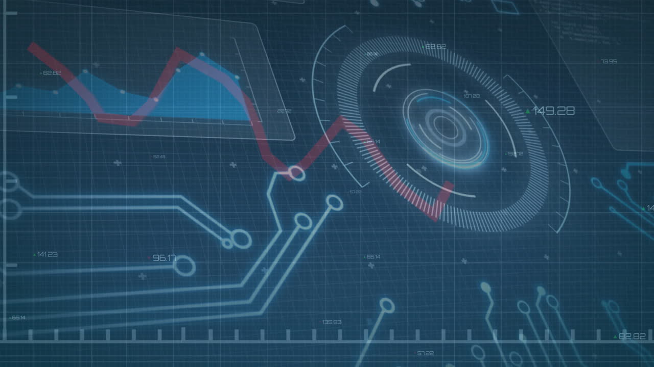 파란색 배경에 그래프와 회로 패턴을 가진 디지털 데이터 처리