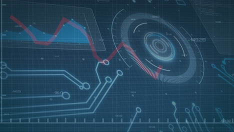 procesamiento digital de datos con gráficos y patrones de circuitos en fondo azul