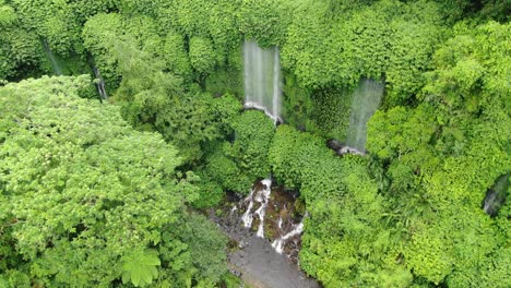 aerial orbital shot around a high waterfall in a lush, green jungle, water falling forming a curtain than a watercourse on rocks continue as a river